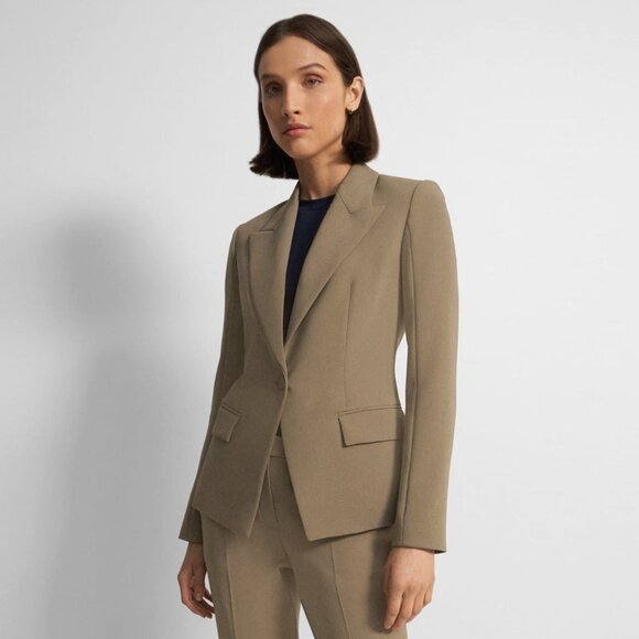 Theory Angled Blazer in Admiral Crepe Dark Beige Size 12 NWT - Picture 1 of 5